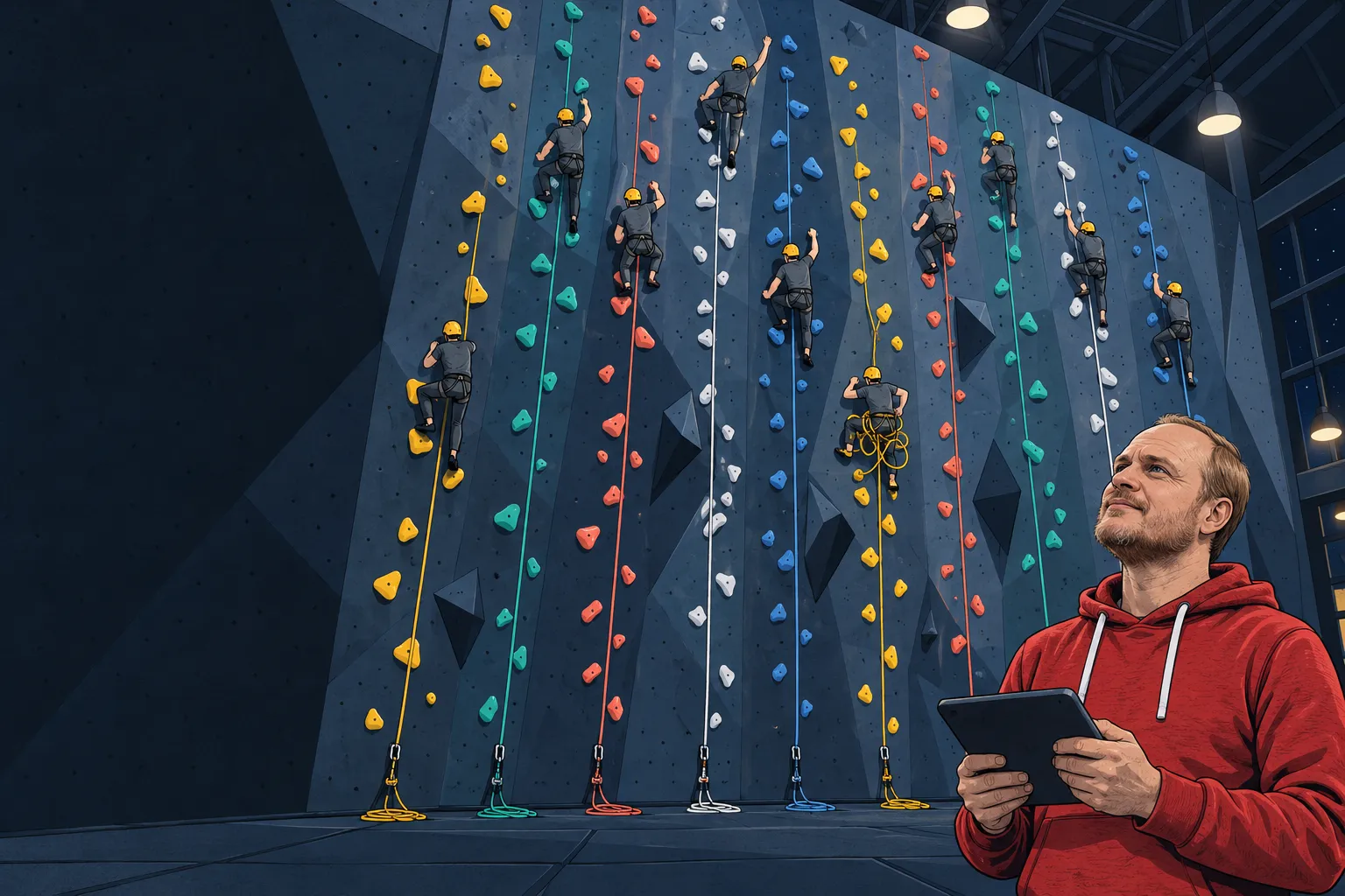 Ten climbers on ten routes up one wall, watched by one engineer with a tablet