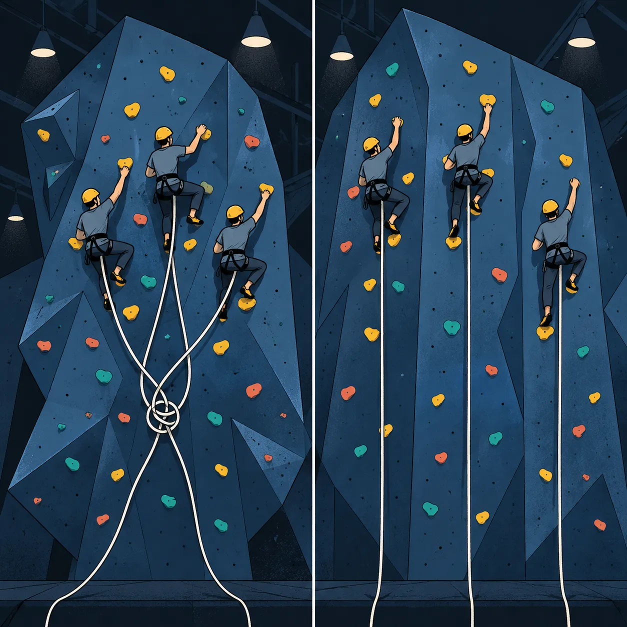 One wall divided into separate lanes with a climber on each, none crossing